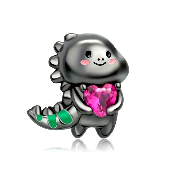 CHARM Jewelry - S925 Adorable Black Dinosaur Holding Heart Bead Charm - Pandora Style